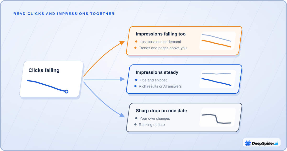 Diagram: falling clicks branch into three patterns, impressions falling too, impressions steady and a sharp drop on one date, each with what to check next