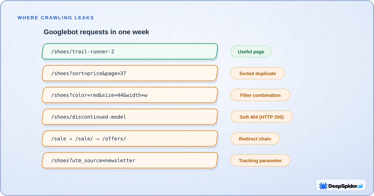 A week of Googlebot requests where one useful product page sits among sorted duplicates, filter combinations, a soft 404, a redirect chain and a tracking-parameter URL.