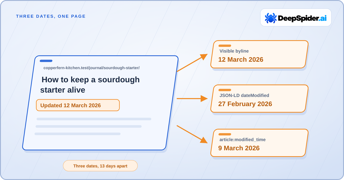 An article page for How to keep a sourdough starter alive with the byline Updated 12 March 2026, and arrows to three sources that disagree: the visible byline says 12 March 2026, JSON-LD dateModified says 27 February 2026 and article:modified_time says 9 March 2026, three dates 13 days apart