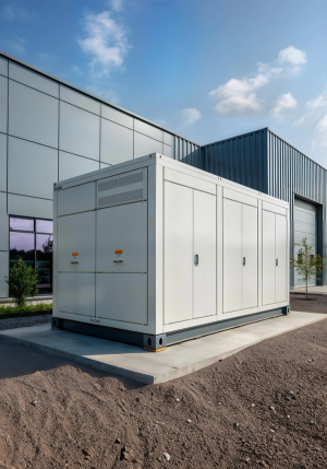 A large battery storage unit next to a commercial building