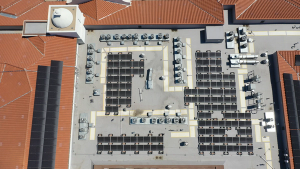Aerial shot of solar panels on a roof
