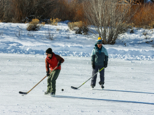 Two people playing hockey outside on ice