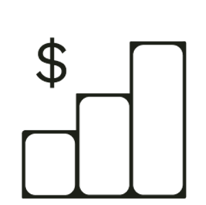 Icon of a bar chart with a dollar sign in the top left corner