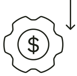 Icon of a gear with a dollar sign in the middle of it, with an arrow pointing down in the top right corner
