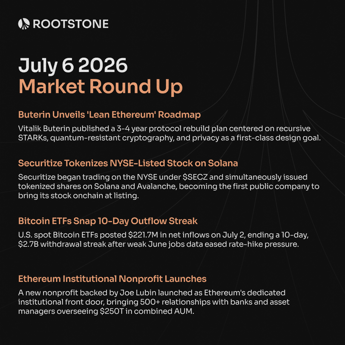 Rootstone weekly market round up for July 6 2026 featuring four news cards covering Buterin's Lean Ethereum roadmap, Securitize's tokenized NYSE stock debut on Solana, Bitcoin ETF inflow reversal ending a ten-day outflow streak, and the Ethereum Institutional nonprofit launch.