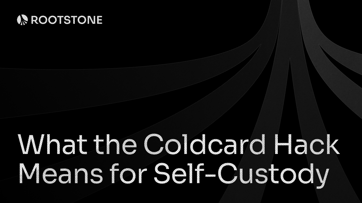 Rootstone branded graphic with the title 'What the Coldcard Hack Means for Self-Custody' displayed on a dark background with abstract geometric lines.