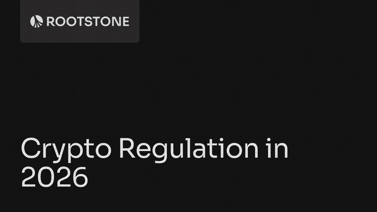 Rootstone branded graphic with the title "Crypto Regulation in 2026" displayed on a dark background.