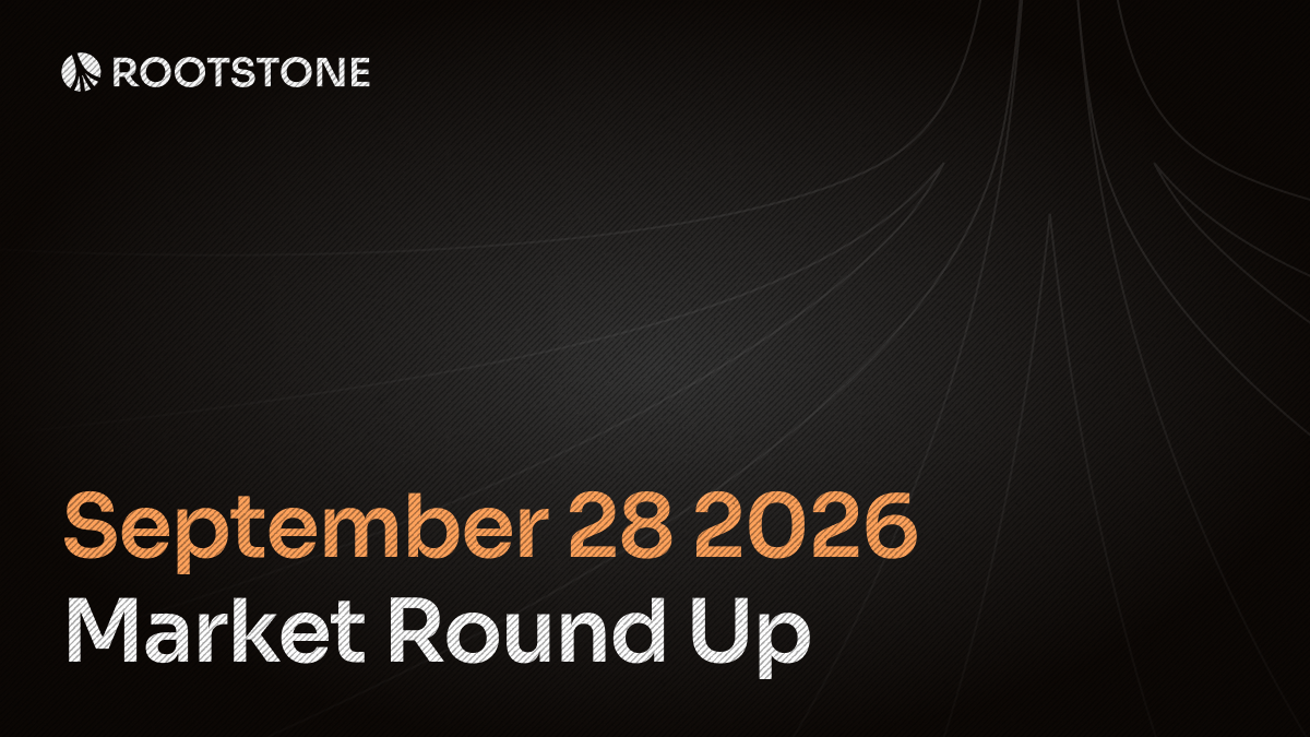 Rootstone branded graphic with the title 'Market Round Up' displayed on a dark background with abstract geometric lines.