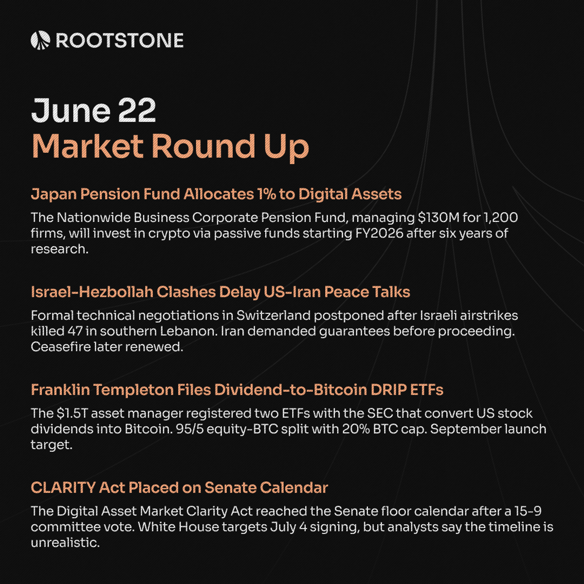 Weekly crypto market roundup for June 22, 2026, featuring four news cards covering Japan pension fund crypto allocation, US-Iran peace talk delays, Franklin Templeton Bitcoin DRIP ETF filing, and CLARITY Act Senate advancement.