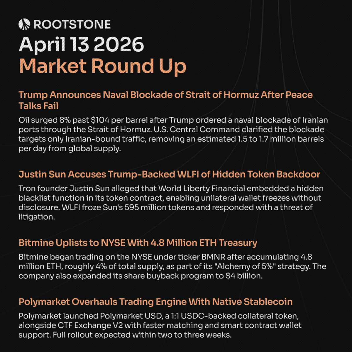 Weekly crypto news summary covering the Strait of Hormuz blockade, WLFI token backdoor controversy, Bitmine ETH treasury strategy, and Polymarket infrastructure overhaul