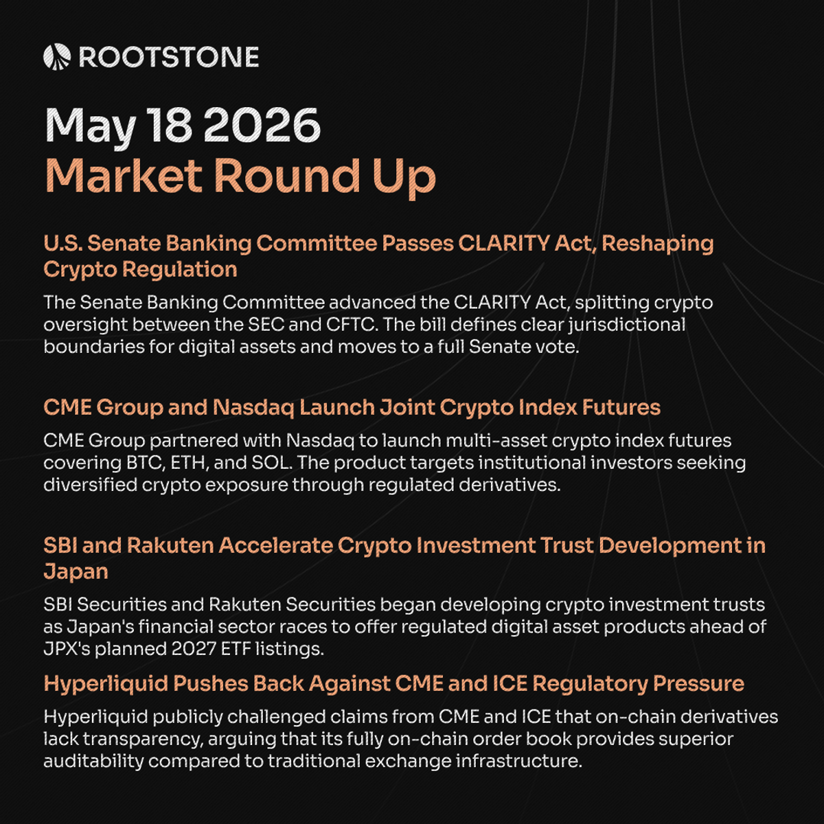 Rootstone Market Round Up graphic for May 18 featuring four news cards covering the CLARITY Act passage, CME-Nasdaq crypto index futures, Japan's SBI-Rakuten investment trusts, and Hyperliquid's regulatory pushback on a dark branded layout.