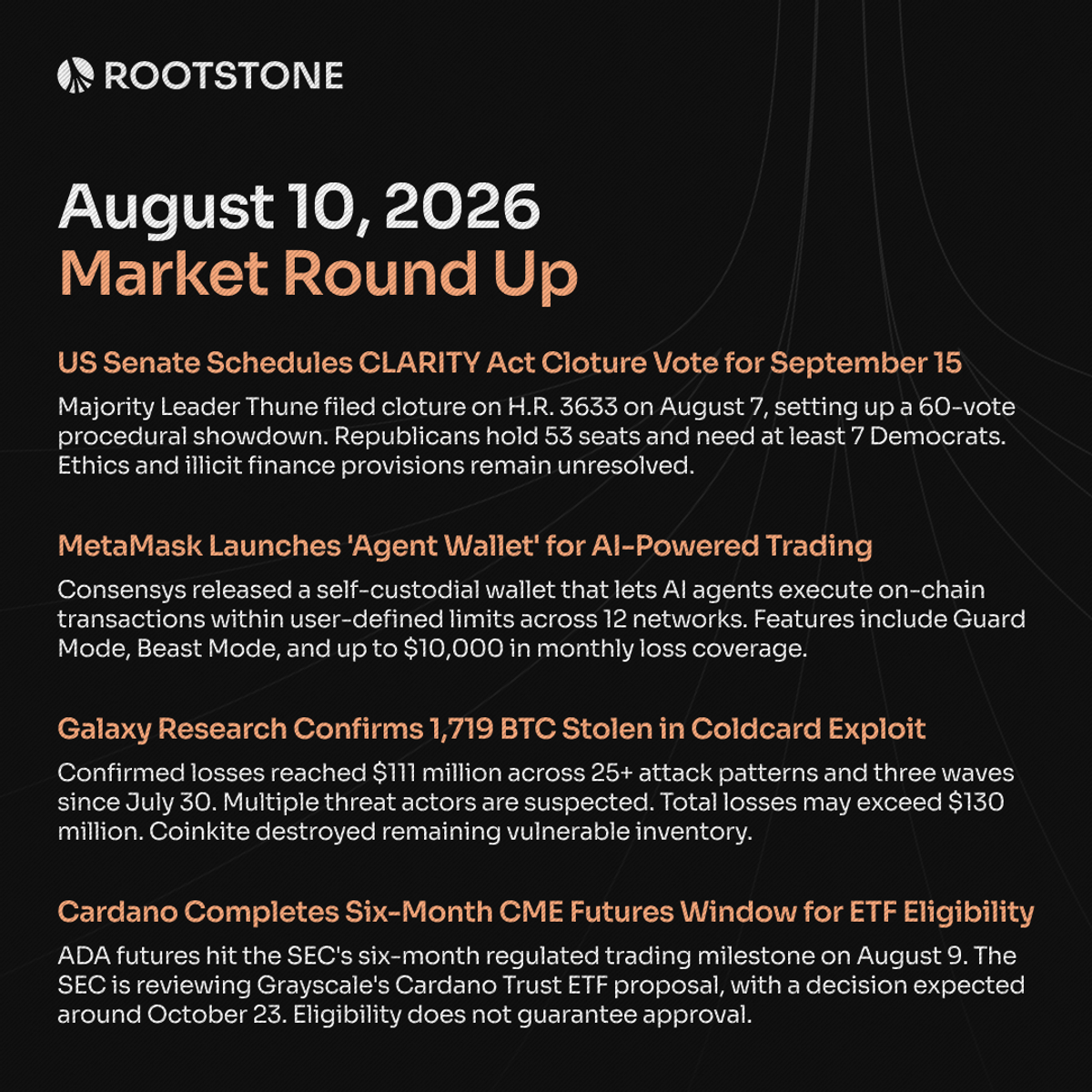 Weekly crypto news roundup featuring four cards covering the CLARITY Act September 15 Senate vote, MetaMask Agent Wallet launch across 12 networks, Galaxy Research confirming 1,719 BTC stolen in the Coldcard exploit, and Cardano reaching ETF eligibility after six months of CME futures trading.