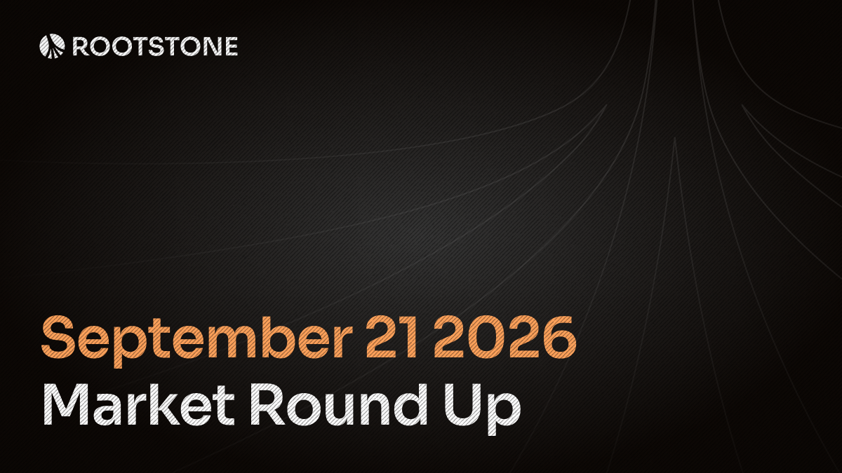 Rootstone branded graphic with the title 'Market Round Up' displayed on a dark background with abstract geometric lines.