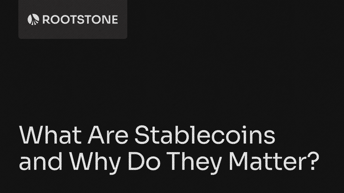 Educational blog banner titled What Are Stablecoins and Why Do They Matter with a dark-themed abstract financial visualization and the Rootstone logo.