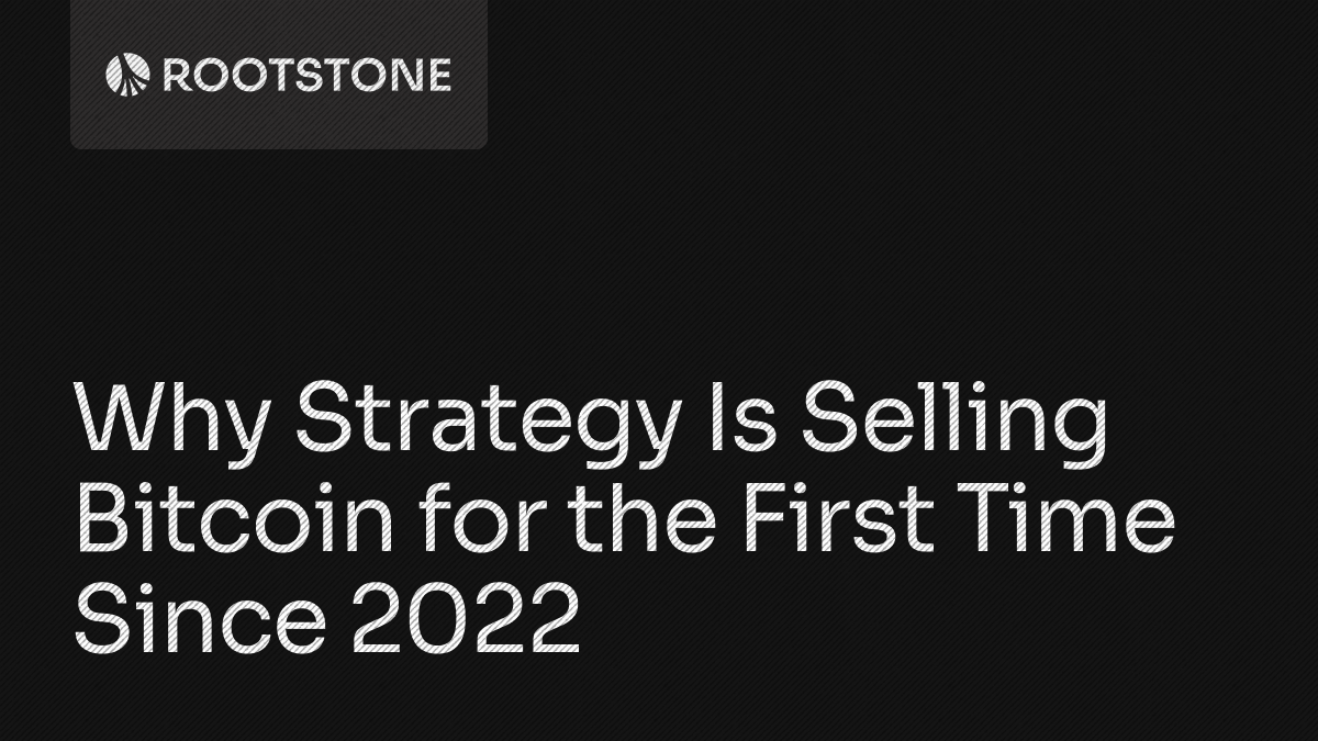 Rootstone branded graphic with the title "Why Strategy Is Selling Bitcoin" displayed on a dark background.