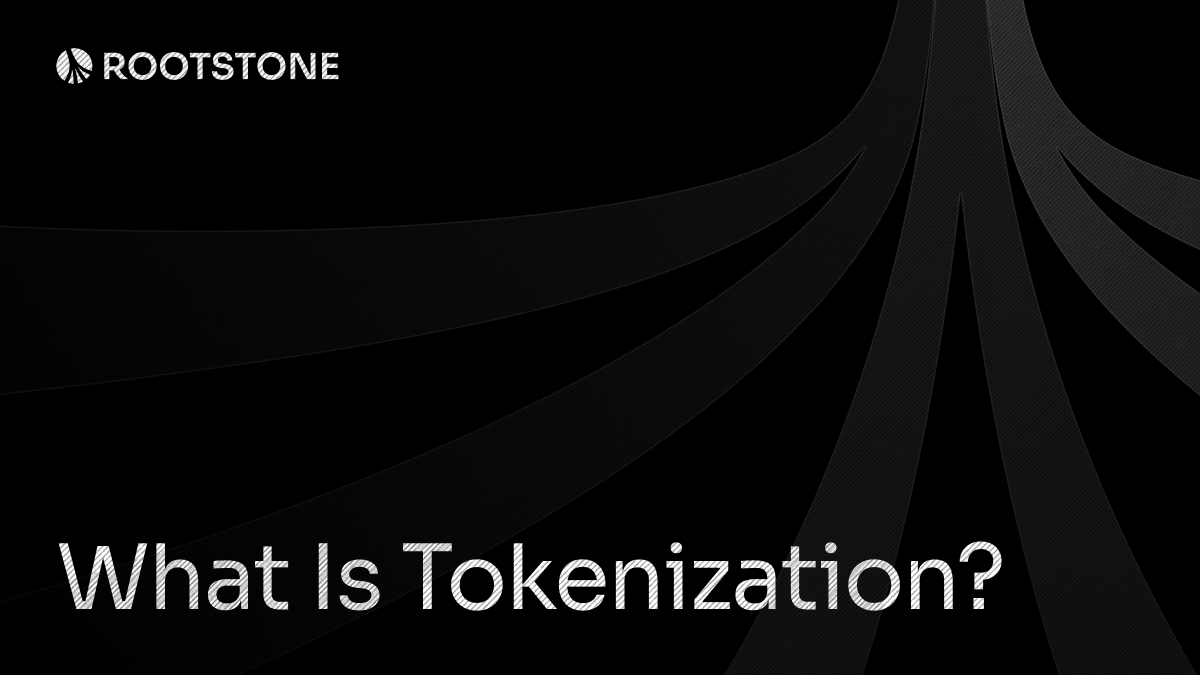Rootstone branded graphic with the title "What Is Tokenization?" displayed on a dark background with abstract geometric lines.