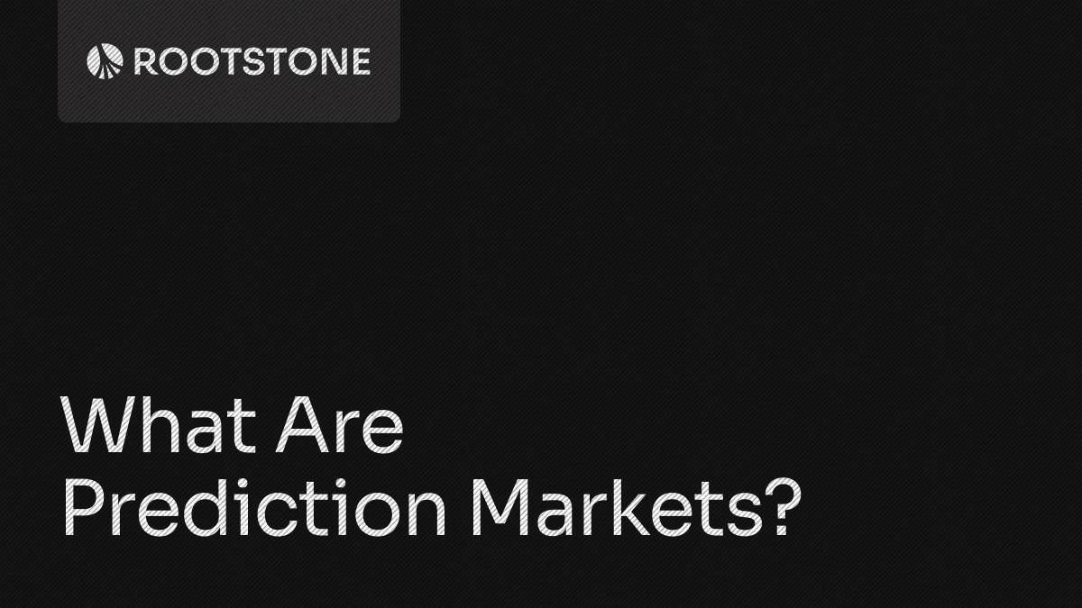 Rootstone branded graphic with the title "What Are Prediction Markets?" displayed on a dark background with abstract geometric lines.
