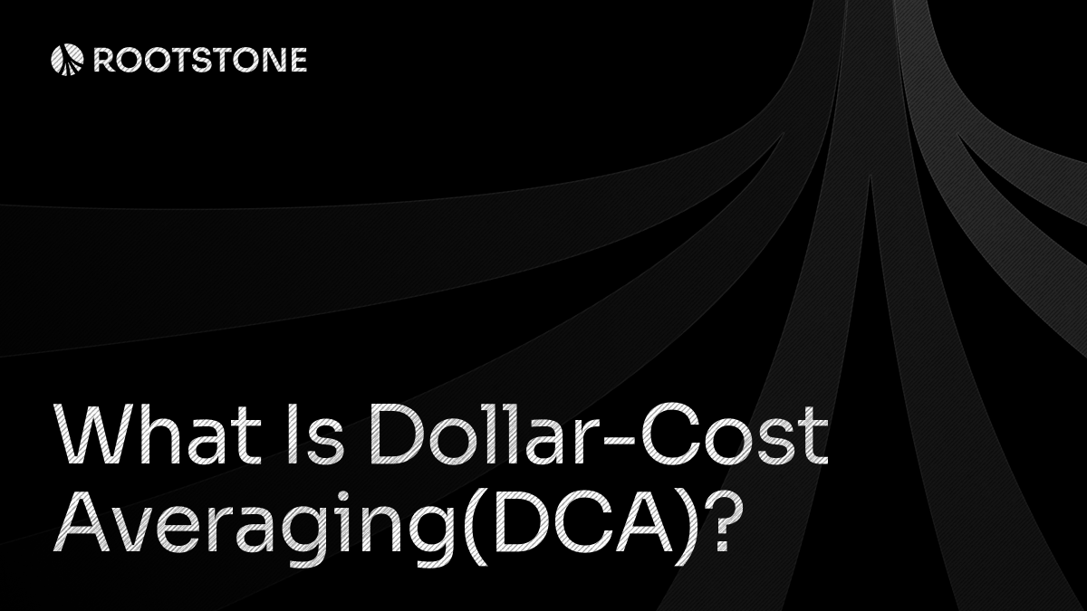 Rootstone branded graphic with the title "What Is Dollar-Cost Averaging (DCA)?" displayed on a dark background with abstract geometric lines.