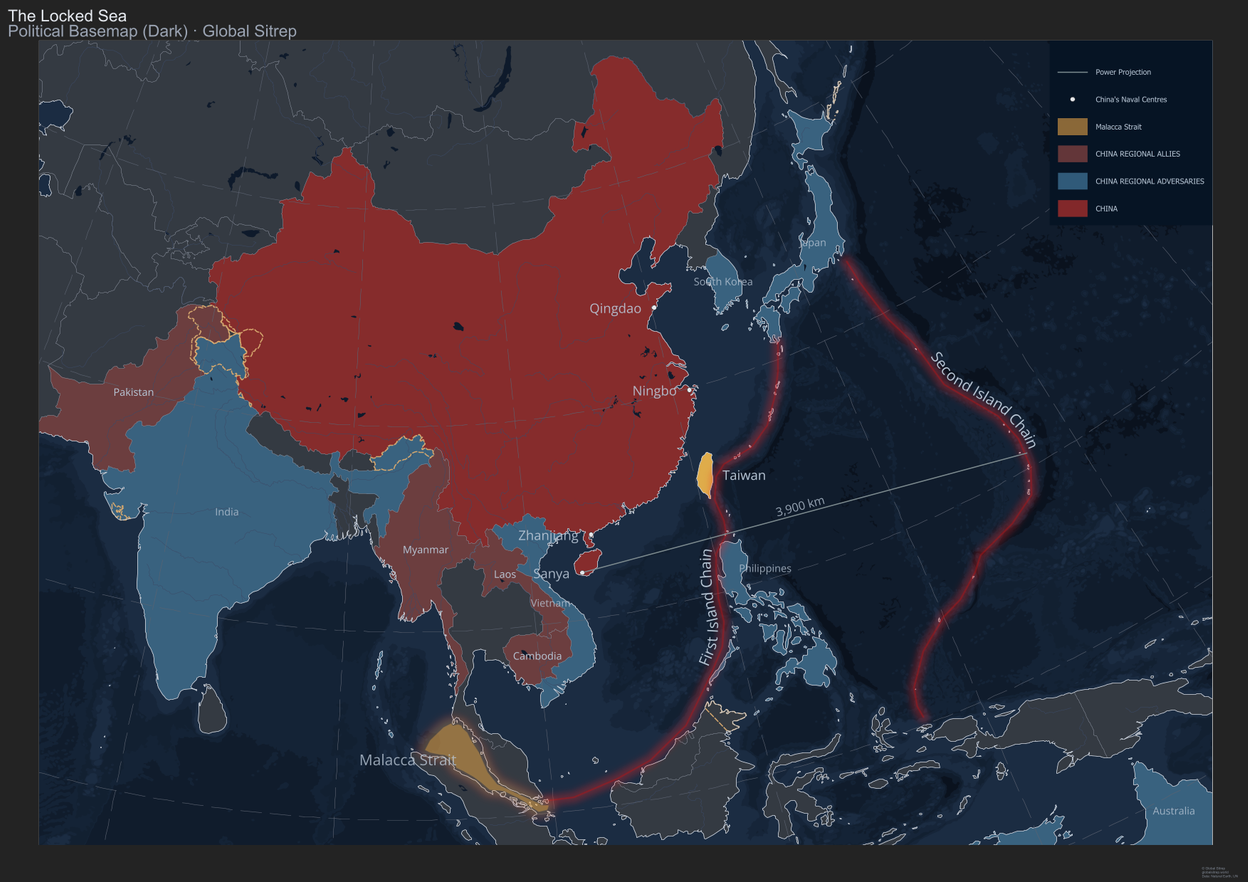 Political map of the Indo-Pacific showing China in red, the First and Second Island Chains marked, naval base locations at Qingdao, Ningbo, Zhanjiang and Sanya, the Malacca Strait highlighted in gold, and surrounding states in blue