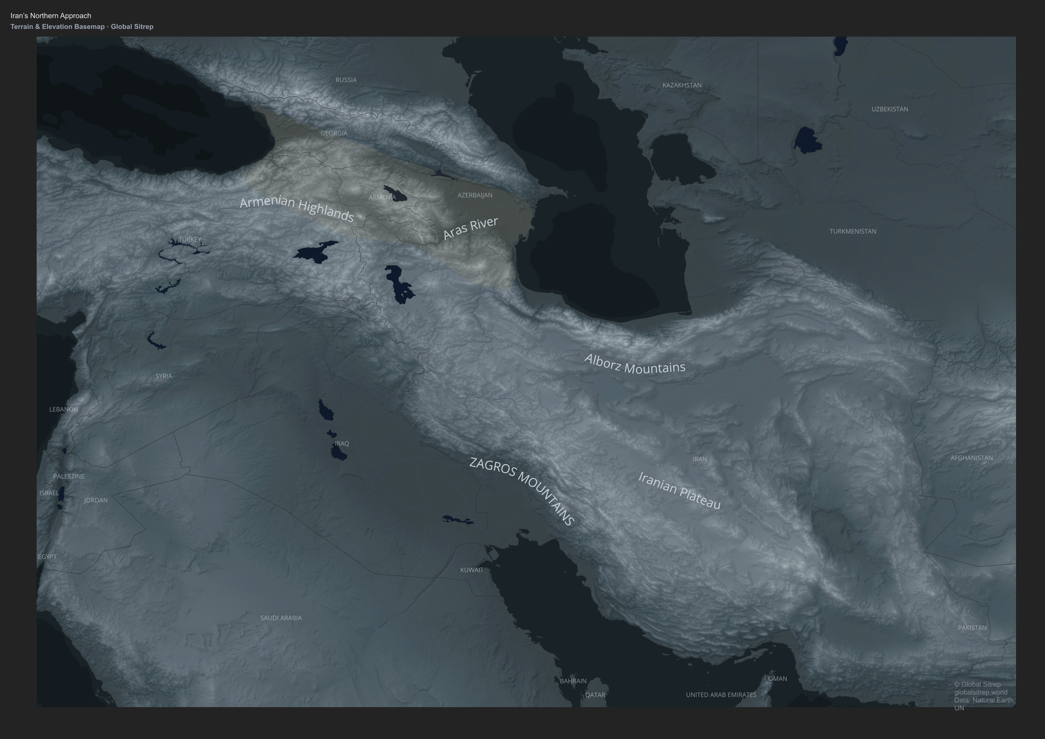 Iran's Northern Approach — terrain and elevation basemap showing the Armenian Highlands, Aras River, Alborz Mountains, Zagros Mountains, and the Iranian Plateau. Global Sitrep.