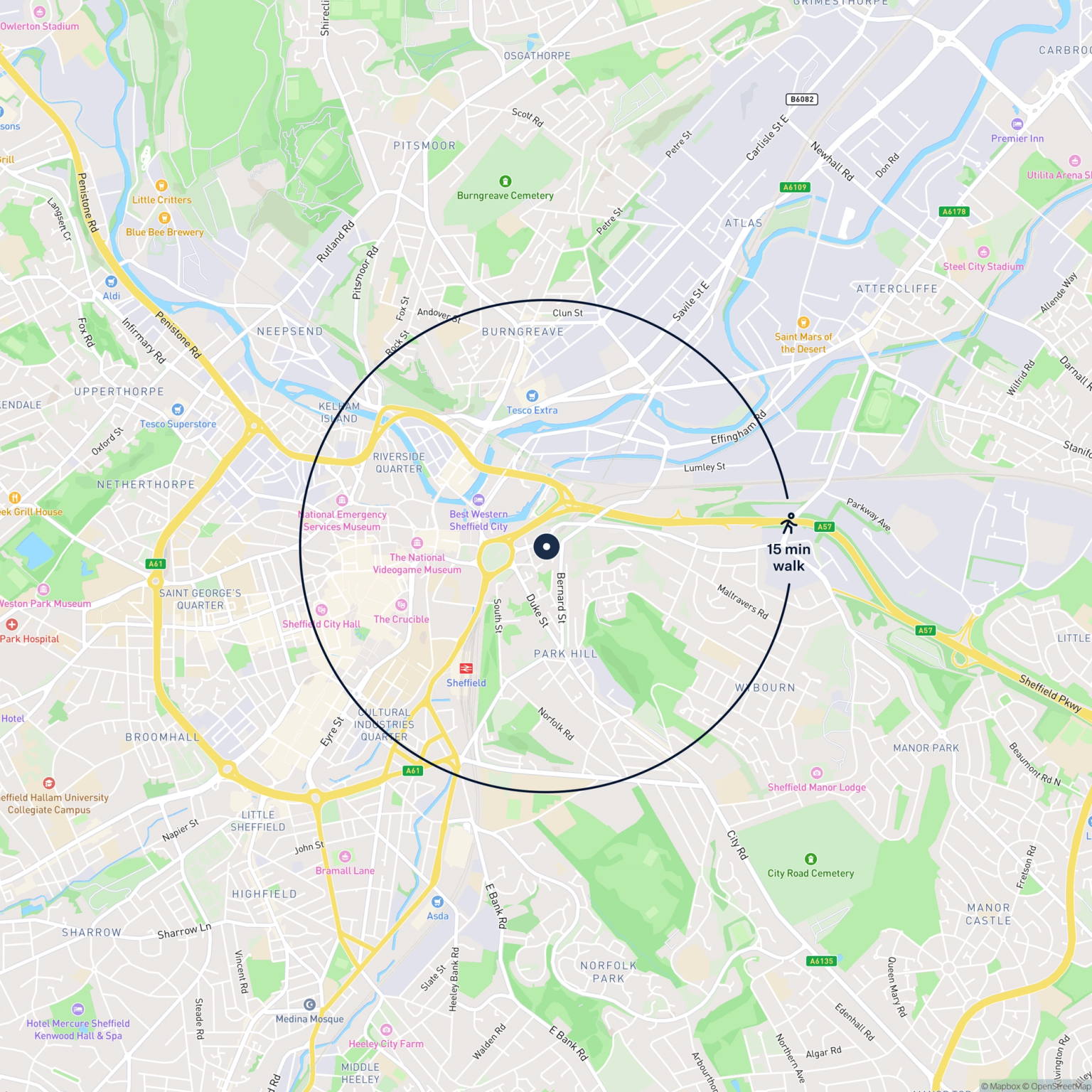 Map showing the location of Land at Stepney Street, Sheffield, S2 5TG and the surrounding 15 minute walk area.