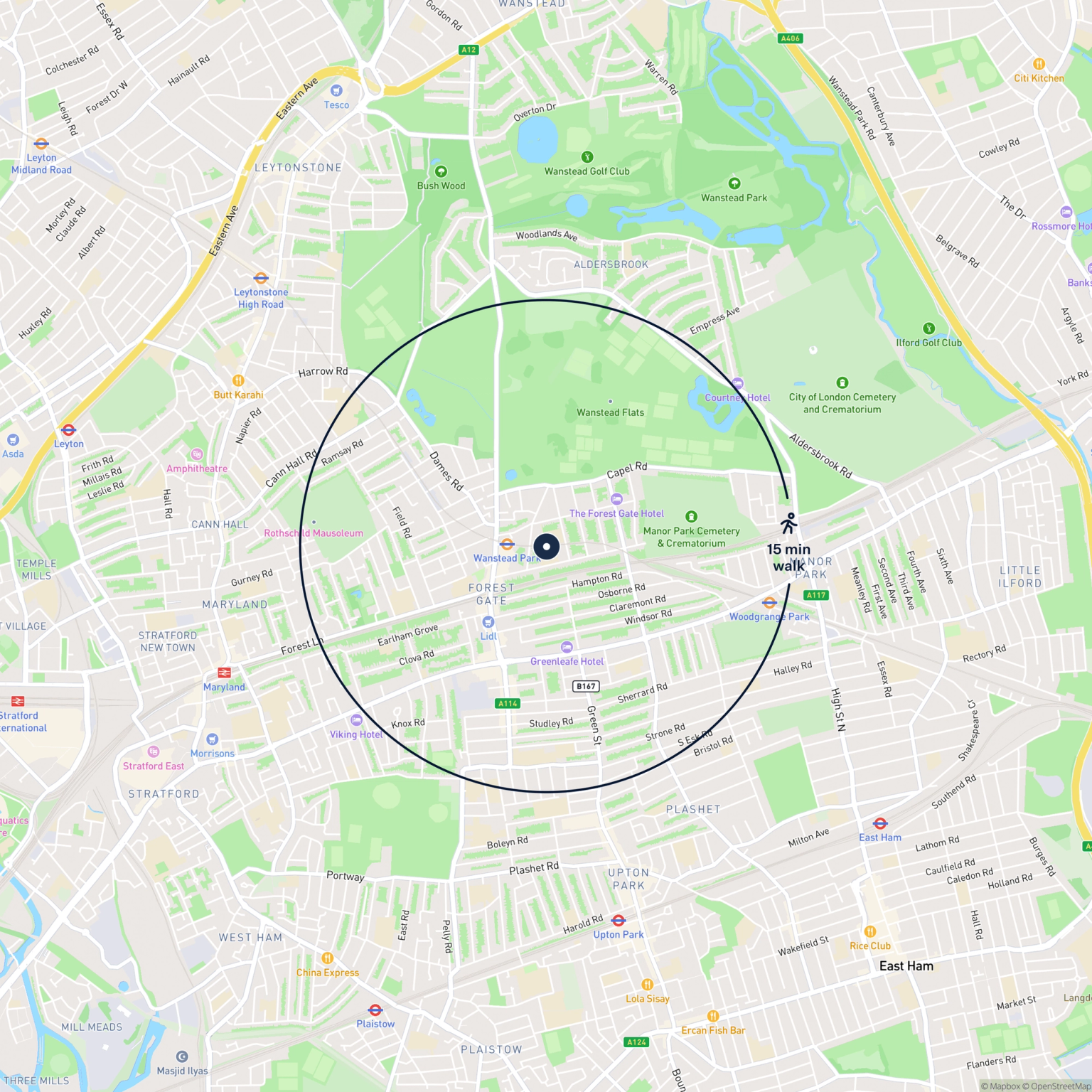 Map showing the location of 431 Avenue Road, Wanstead, London, E7 0LB and the surrounding 15 minute walk area.