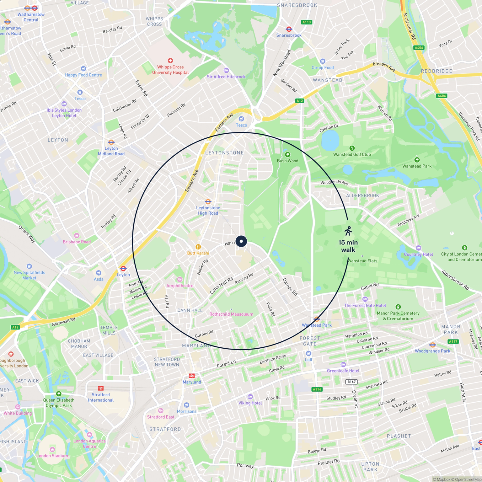 Map showing the location of 305 Harrow Road , London, E11 3PX and the surrounding 15 minute walk area.