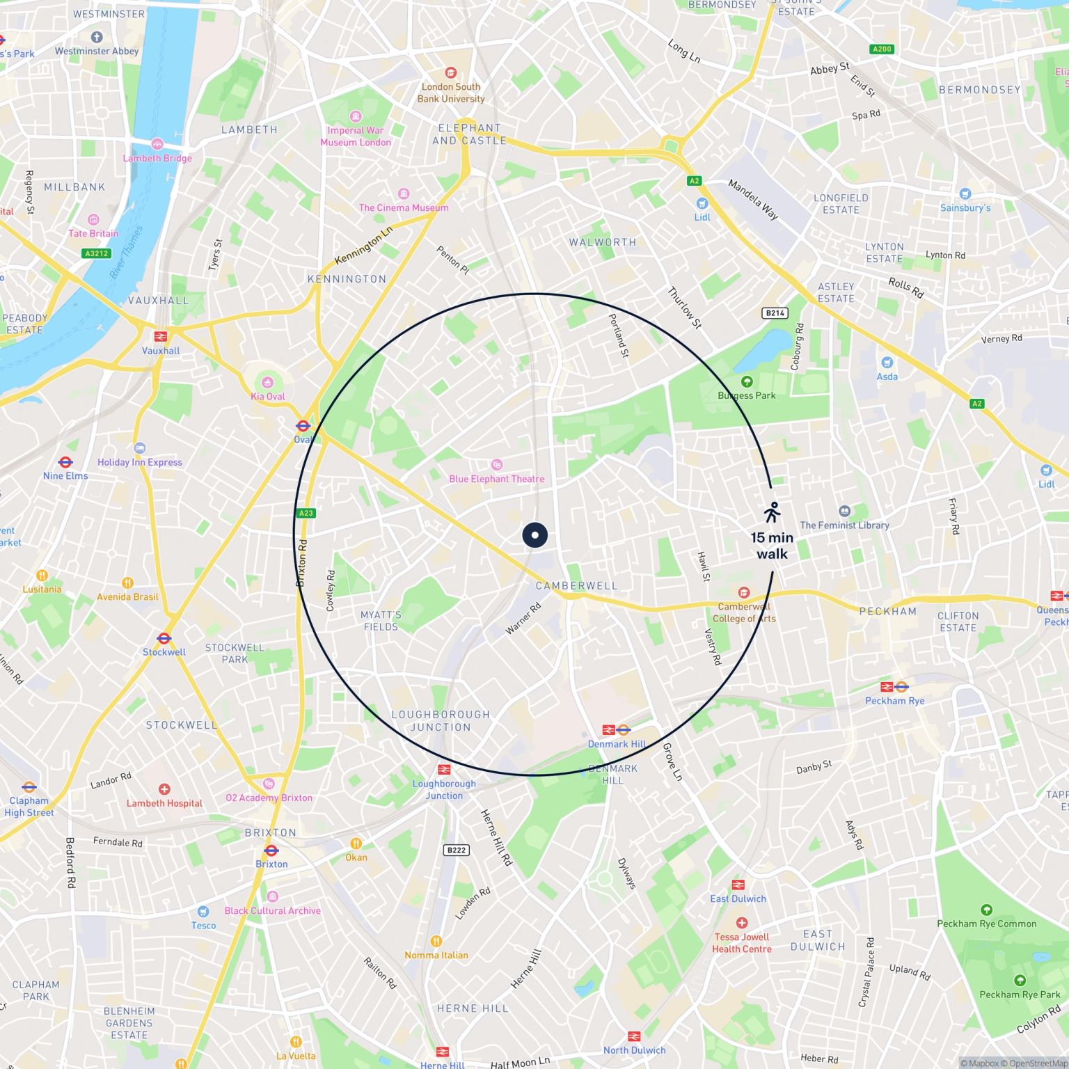 Map showing the location of 326 Blucher Road, London, SE5 0LH and the surrounding 15 minute walk area.