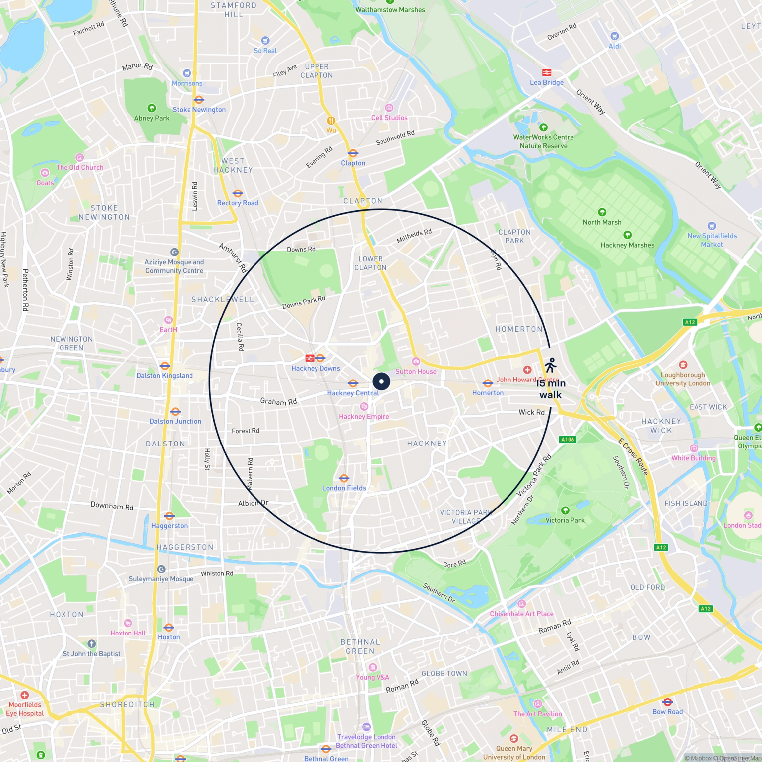 Map showing the location of Unit 5 Bohemia Place, London, E8 1HA and the surrounding 15 minute walk area.