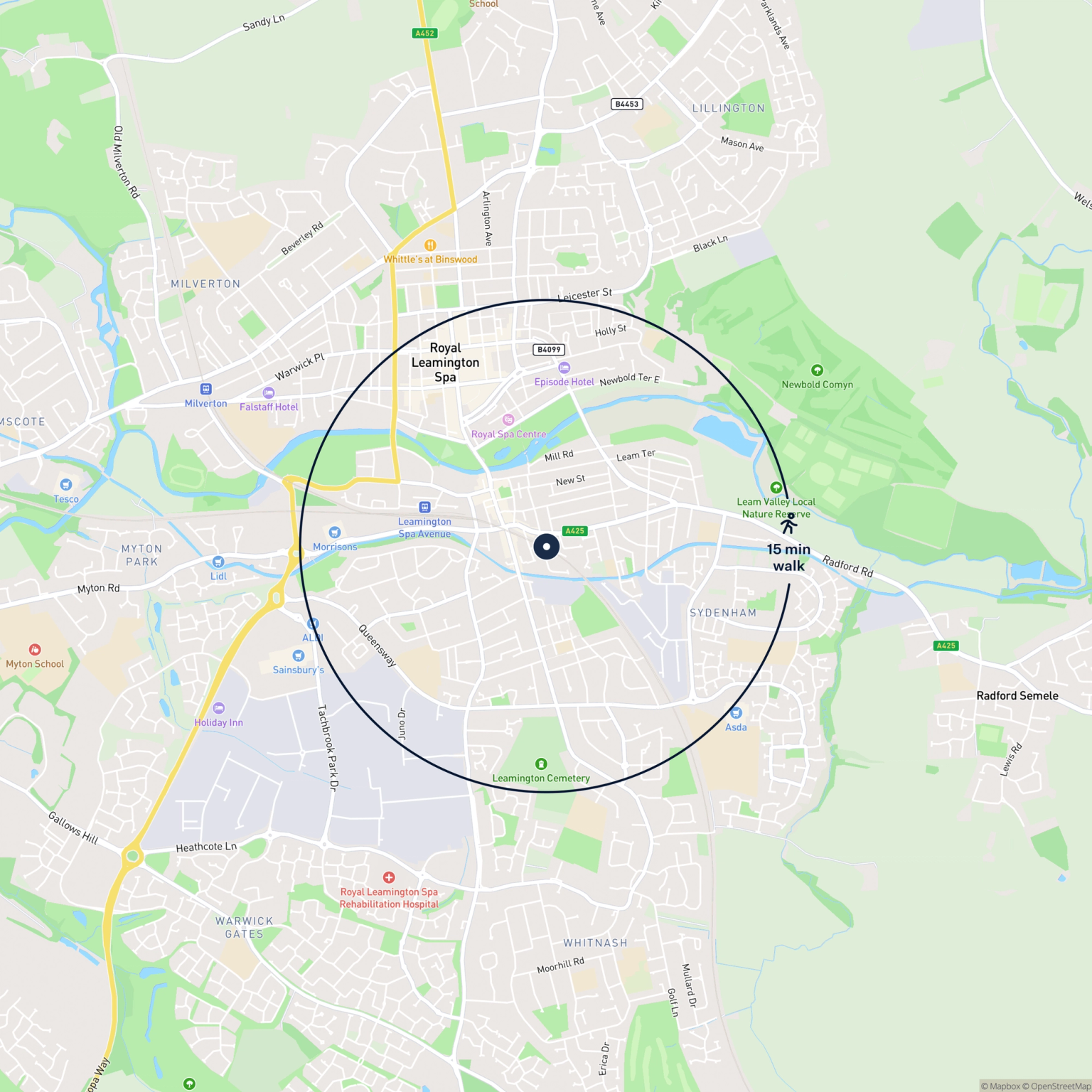 Map showing the location of 1 Moss Street, Leamington Spa, CV31 2AZ and the surrounding 15 minute walk area.
