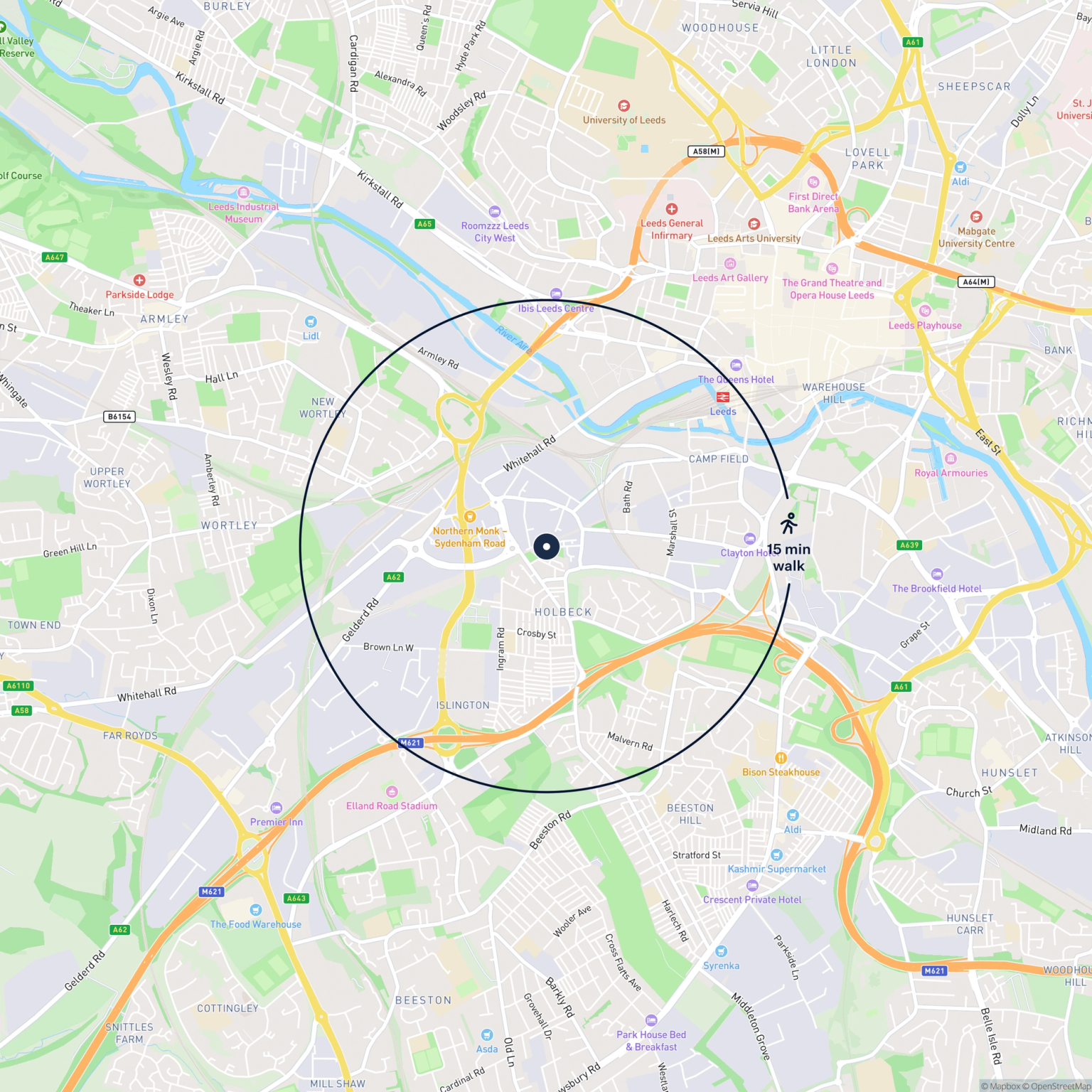 Map showing the location of 29-34 Crossland Court, Leeds, LS11 9PR and the surrounding 15 minute walk area.