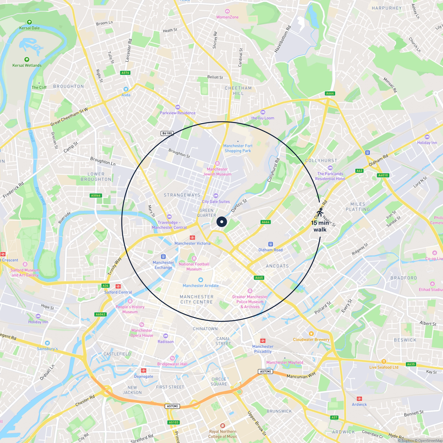 Map showing the location of 9 Corporation Street, Manchester, M4 4DG and the surrounding 15 minute walk area.