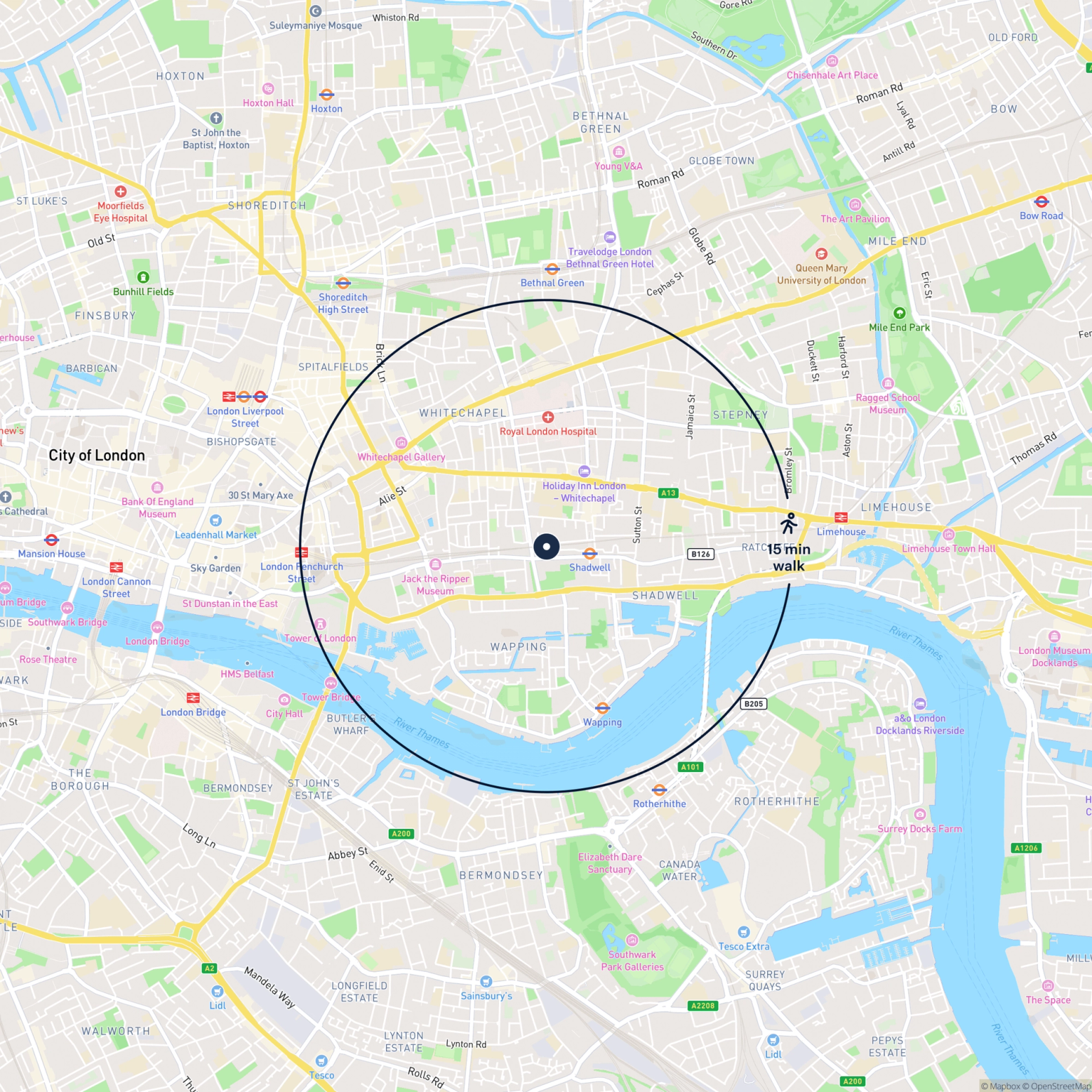 Map showing the location of 118 Chapman Street, London, E1 2PH and the surrounding 15 minute walk area.
