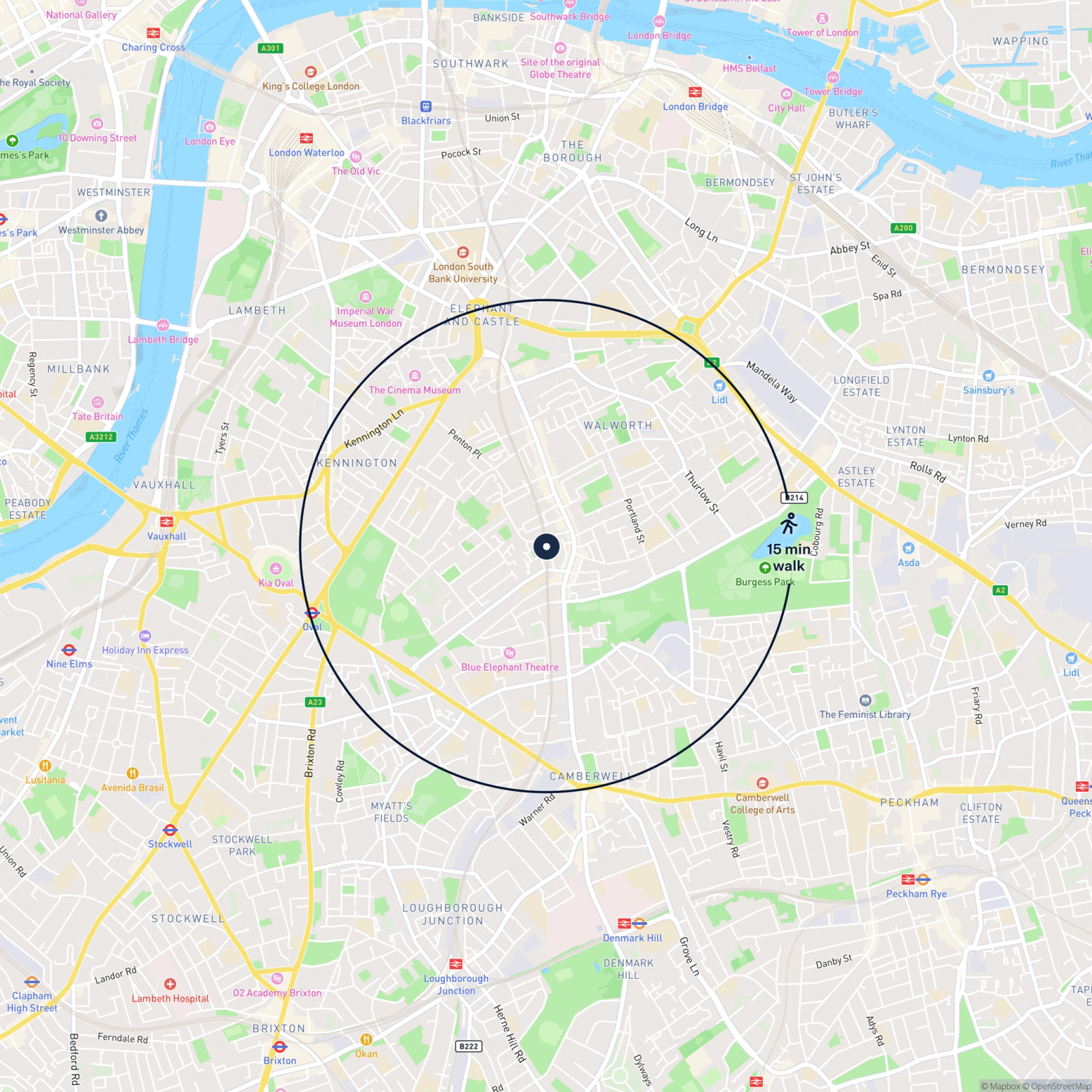 Map showing the location of 232 & 236 Empress Street, London, SE17 3HJ and the surrounding 15 minute walk area.