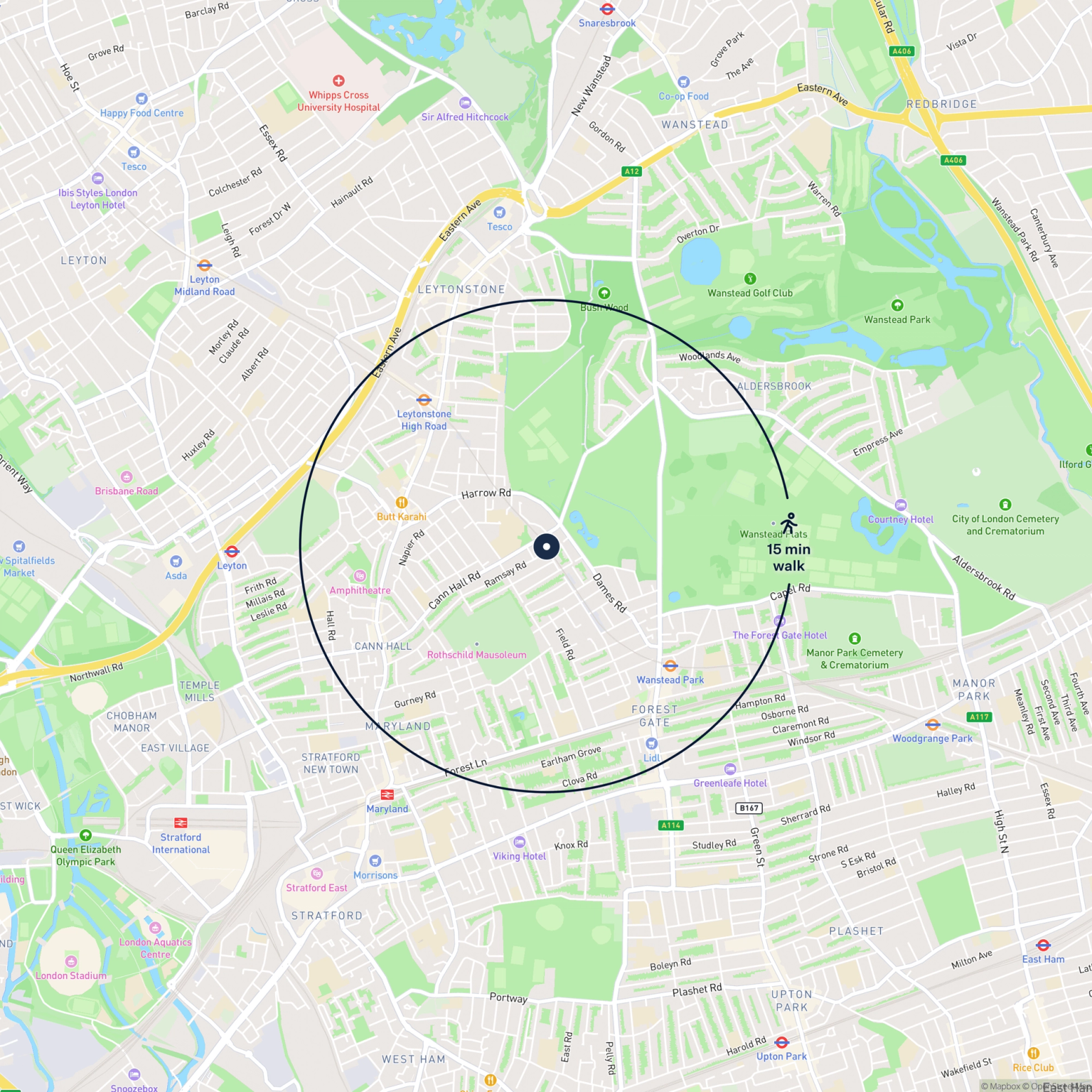 Map showing the location of 335 Cann Hall Road, London, E7 9ET and the surrounding 15 minute walk area.