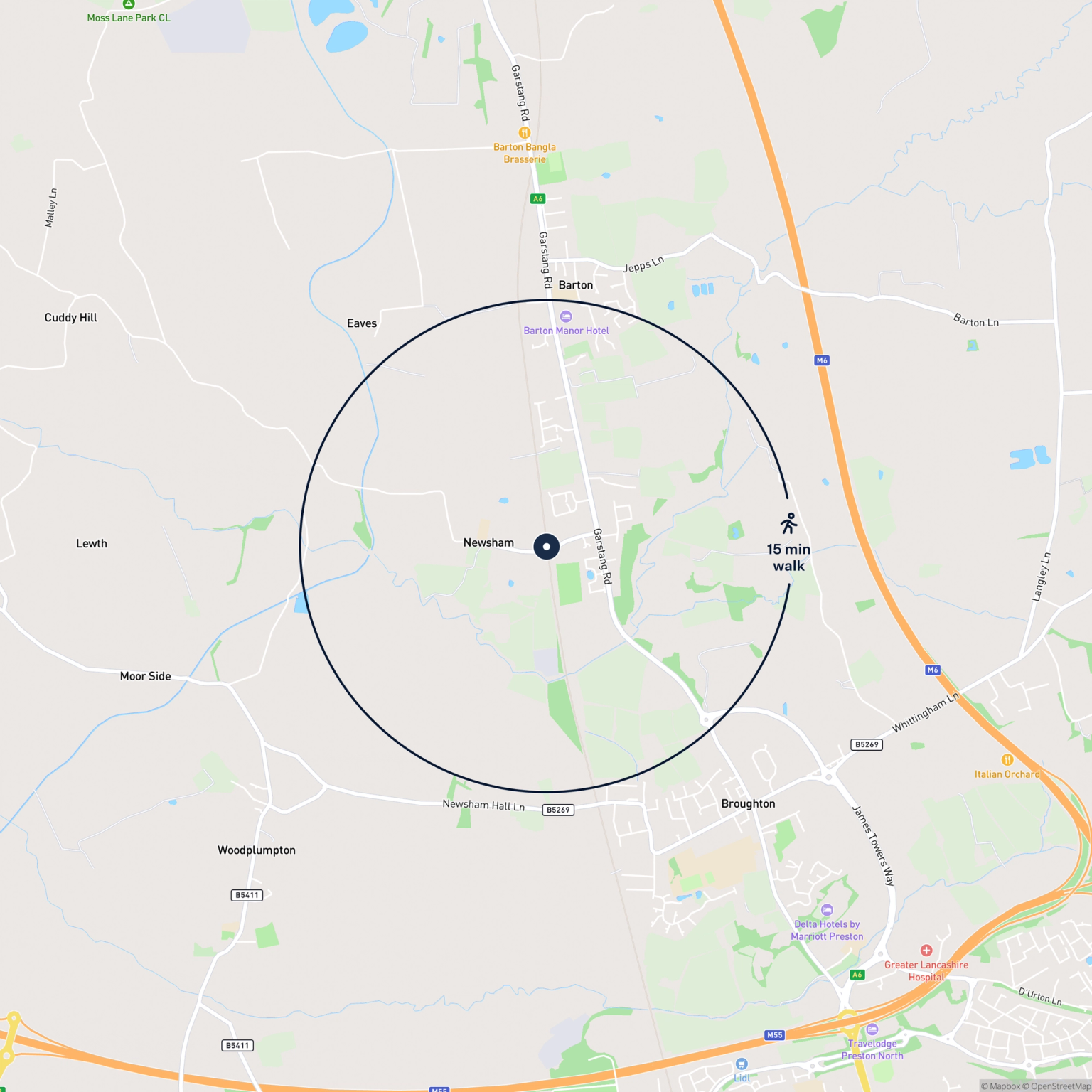 Map showing the location of Land at Station Lane - Agricultural land , Preston, PR3 5DY and the surrounding 15 minute walk area.