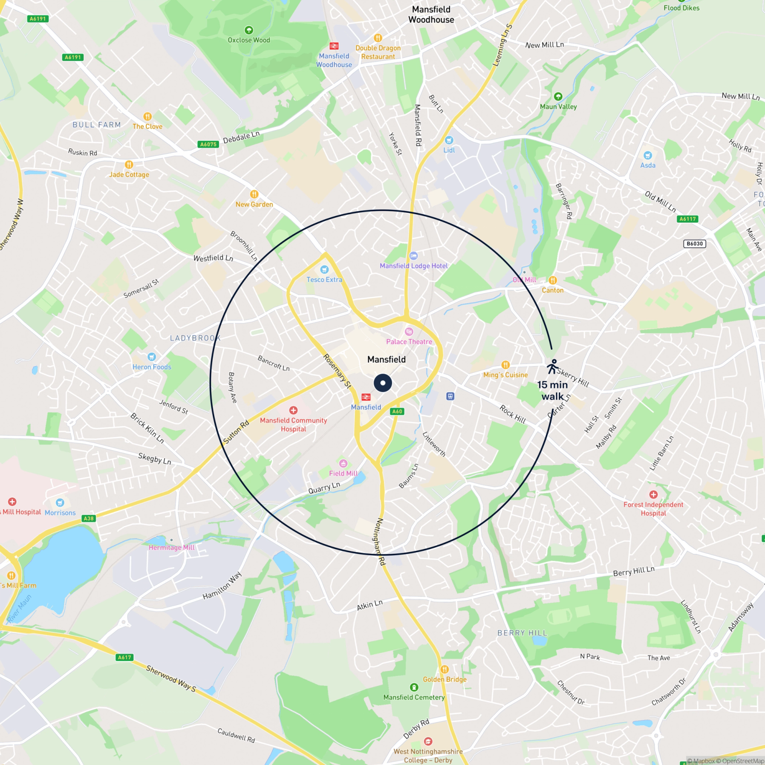 Map showing the location of 2 Station Road , Mansfield, NG18 1JN and the surrounding 15 minute walk area.