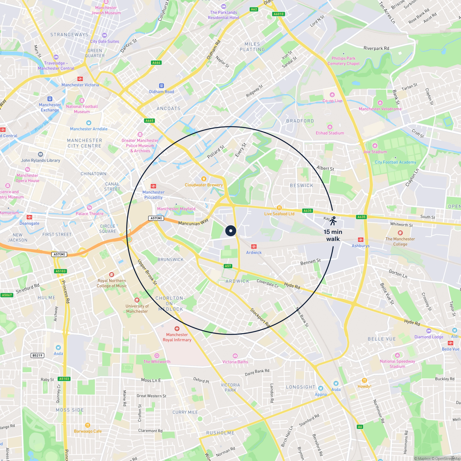 Map showing the location of 64 North Western Street, Manchester, M12 6DX and the surrounding 15 minute walk area.
