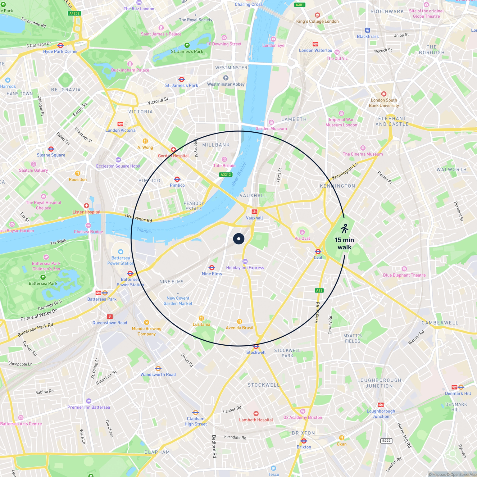 Map showing the location of 19A & 20 Bondway, London, SW8 1SQ and the surrounding 15 minute walk area.
