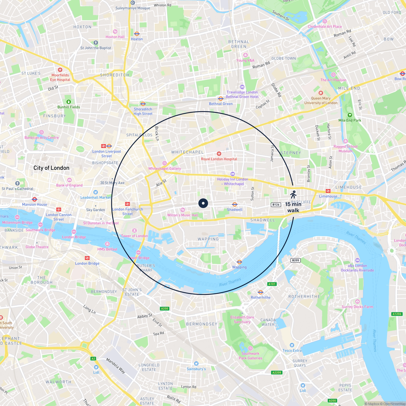 Map showing the location of 100 Cable Street, London, E1 2LY and the surrounding 15 minute walk area.