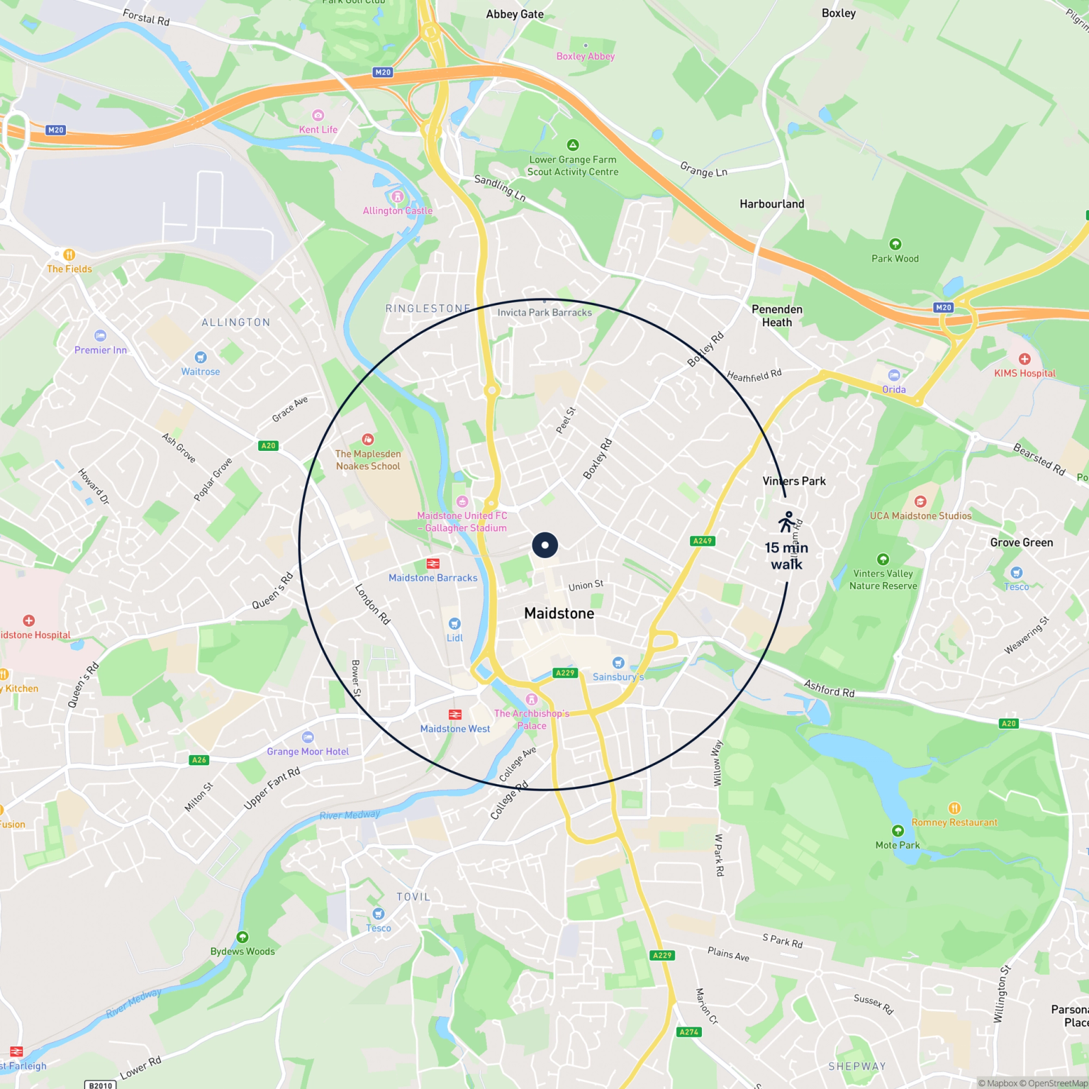 Map showing the location of Land Week Street, Maidstone, ME14 1RH and the surrounding 15 minute walk area.