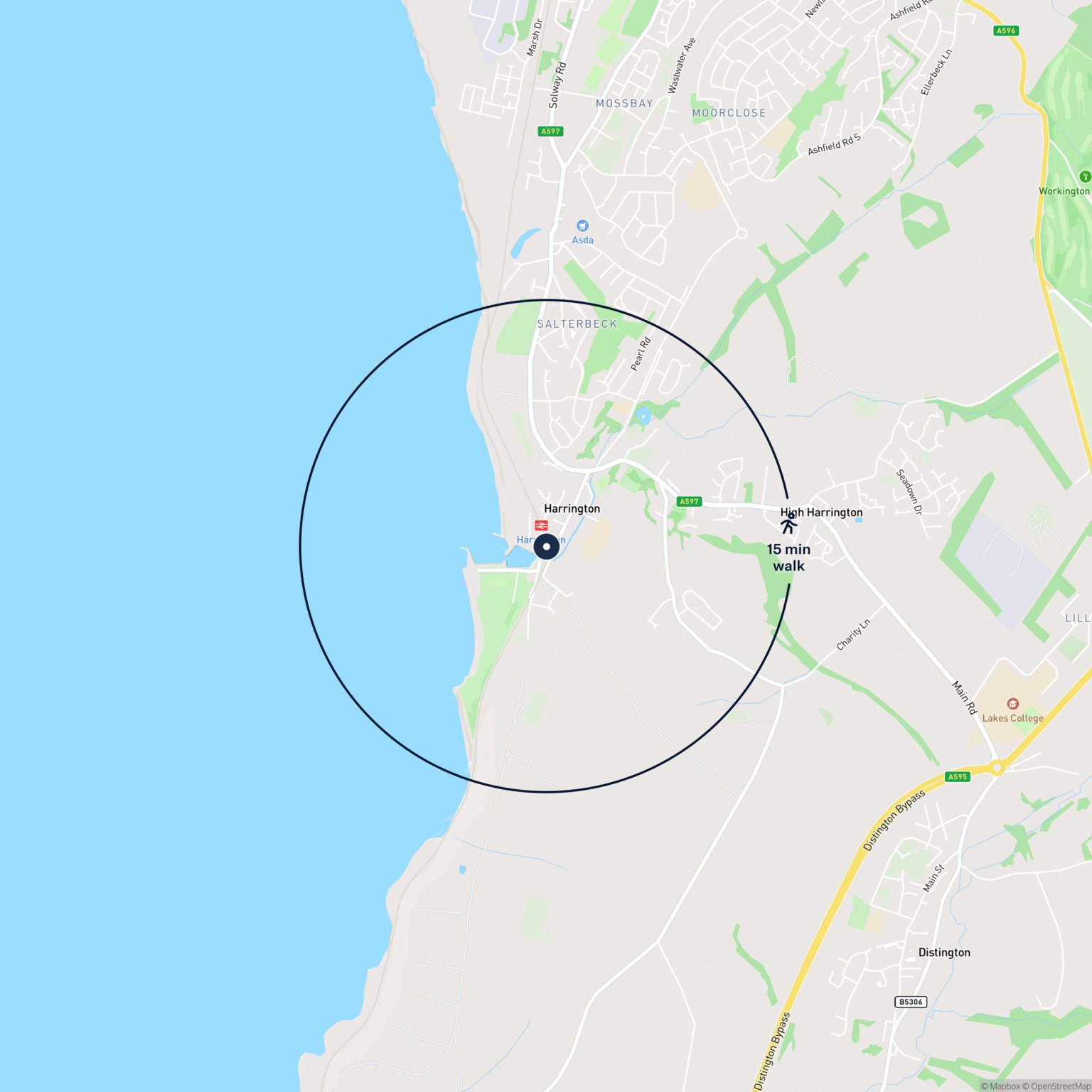 Map showing the location of 1 Sibson Place, Harrington, CA14 5QF and the surrounding 15 minute walk area.