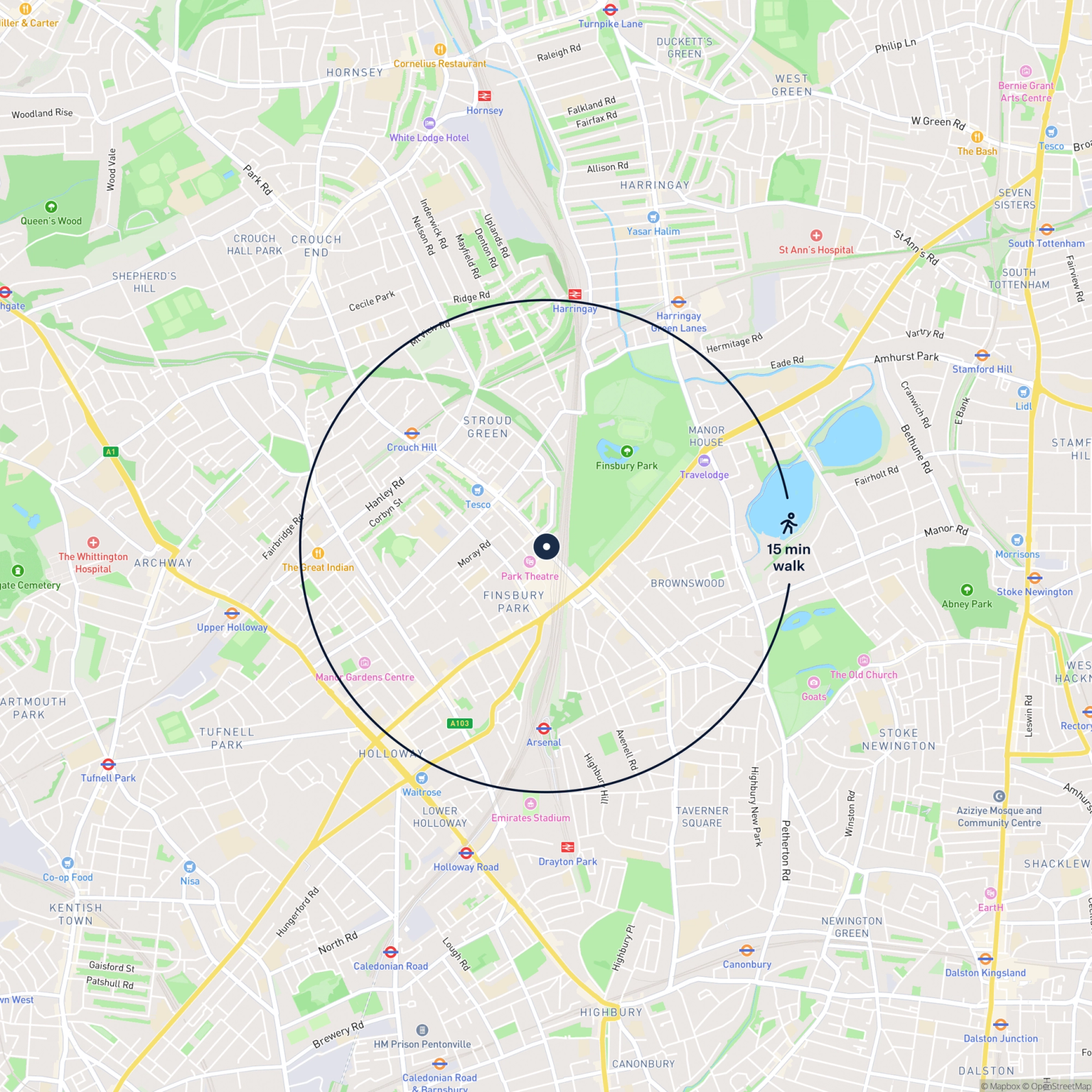 Map showing the location of 20A Stroud Green Road, London, N4 3EA and the surrounding 15 minute walk area.