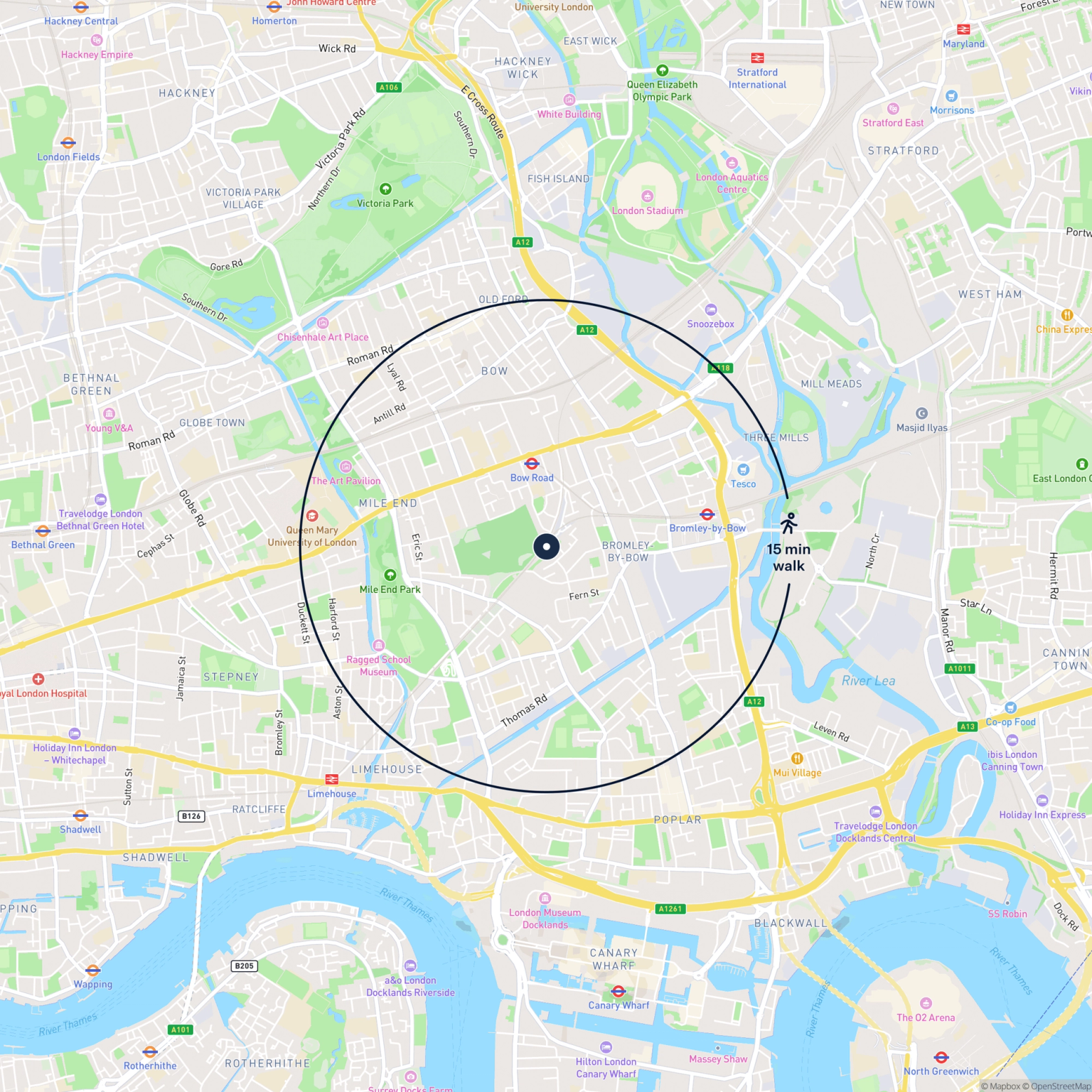 Map showing the location of 40 Bow Triangle, Eleanor Street, London, E3 4NP and the surrounding 15 minute walk area.