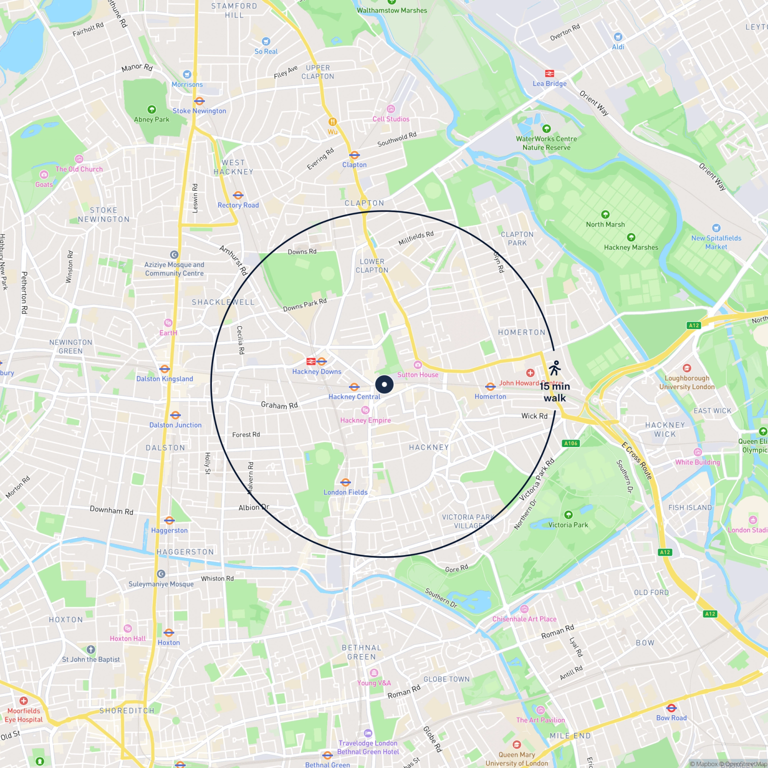 Map showing the location of Unit 8 Bohemia Place, London, E8 1DU and the surrounding 15 minute walk area.