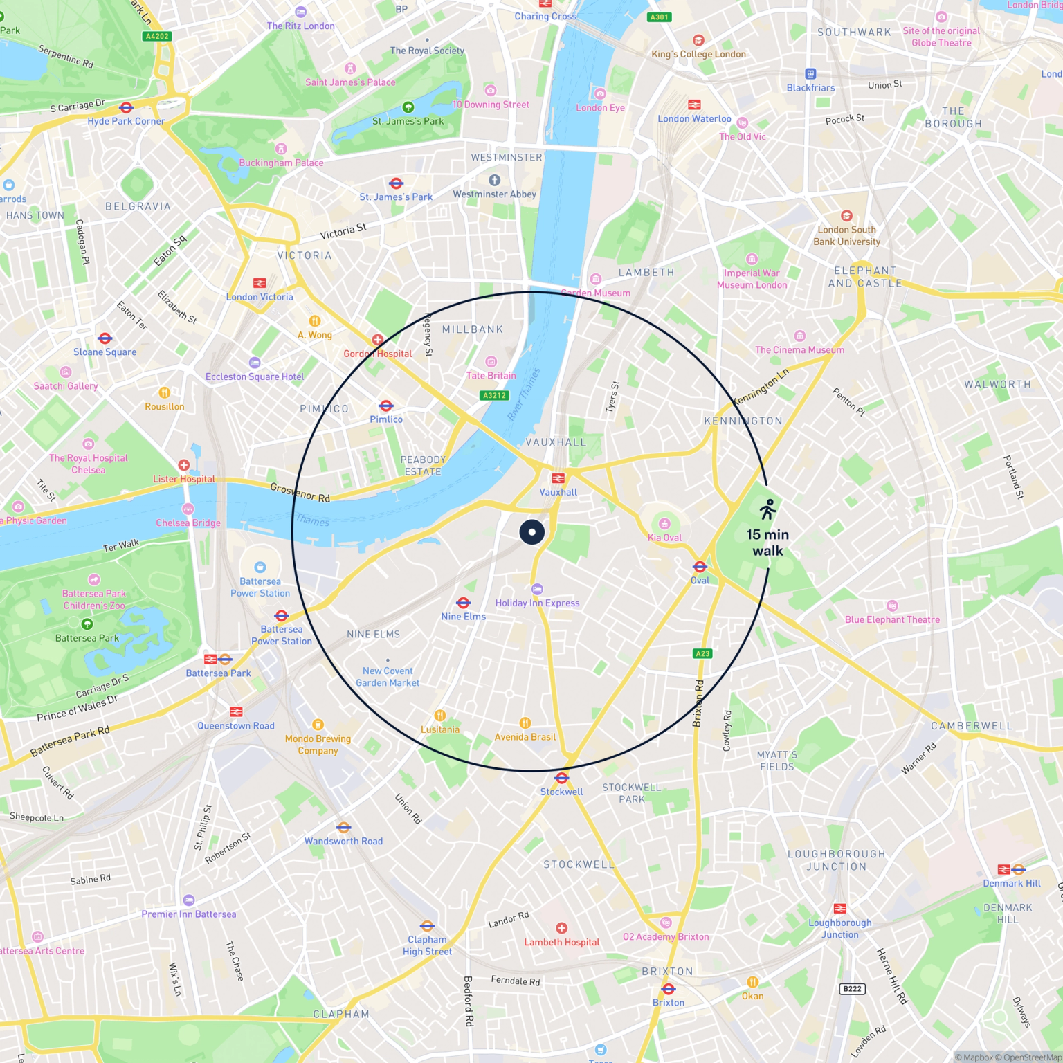 Map showing the location of ARCH 26 MILES STREET, London, SW8 1SQ and the surrounding 15 minute walk area.