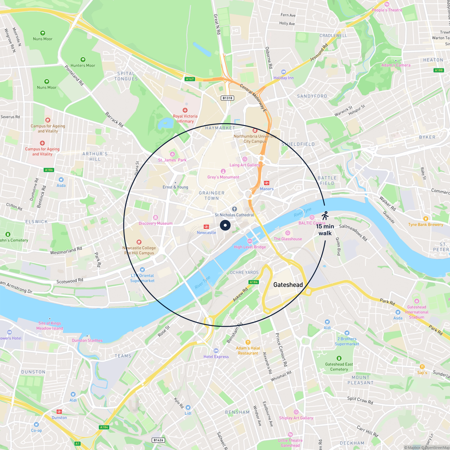 Map showing the location of 13 & 14 Forth Street, Newcastle Upon Tyne, NE1 3NZ and the surrounding 15 minute walk area.