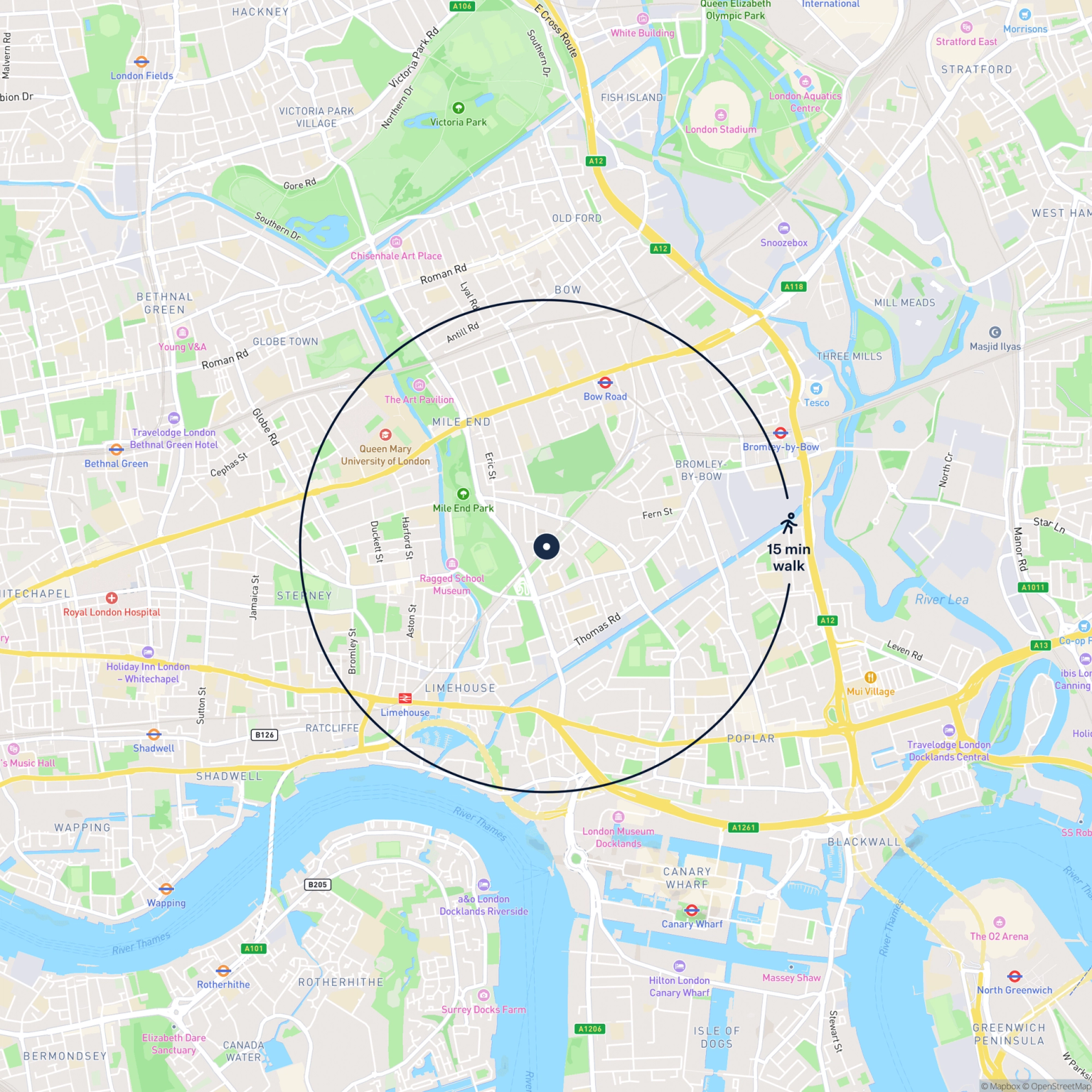 Map showing the location of 444 Baythorne Street, London, E3 4AT and the surrounding 15 minute walk area.