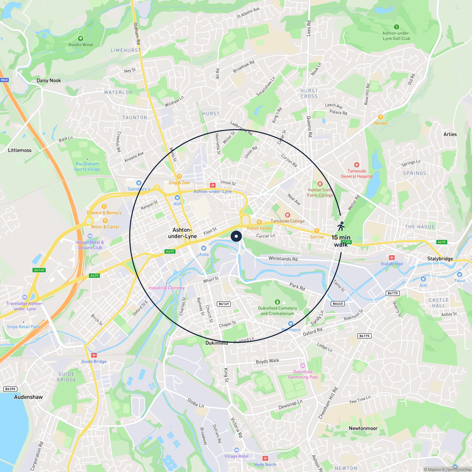 Map showing the location of UNIT 11 WHARF PARADE LOWER WHARF STREET, Ashton-Under-Lyne, OL6 7PE and the surrounding 15 minute walk area.