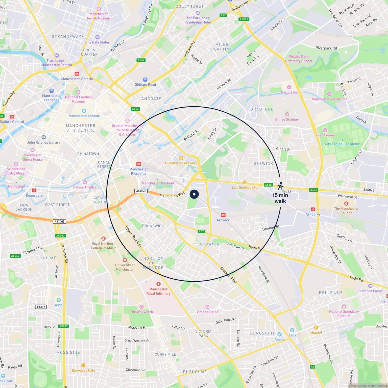 Map showing the location of 79 North Western Street , Manchester, M12 6DY and the surrounding 15 minute walk area.